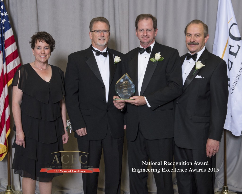 L-R Pat Mosher, ACEC EEA Chairperson; Andrew Micklus Jr., VP COO, Freyssinet, Inc.; Jerry Pfuntner, P.E., Principal, FINLEY, Ralph Christie, ACEC Chairman-Elect