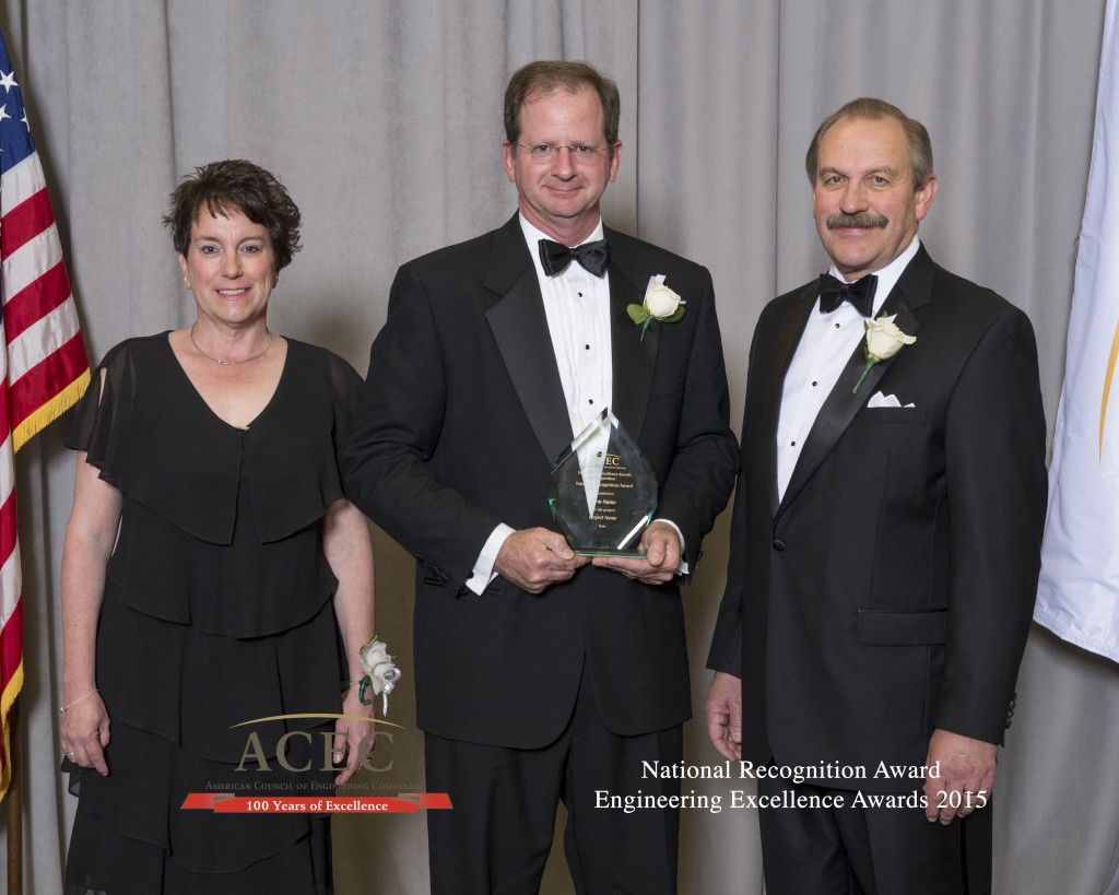 L-R Pat Mosher, ACEC EEA Chairperson; Jerry Pfuntner, P.E., Principal, FINLEY; Ralph Christie, ACEC Chairman-Elect
